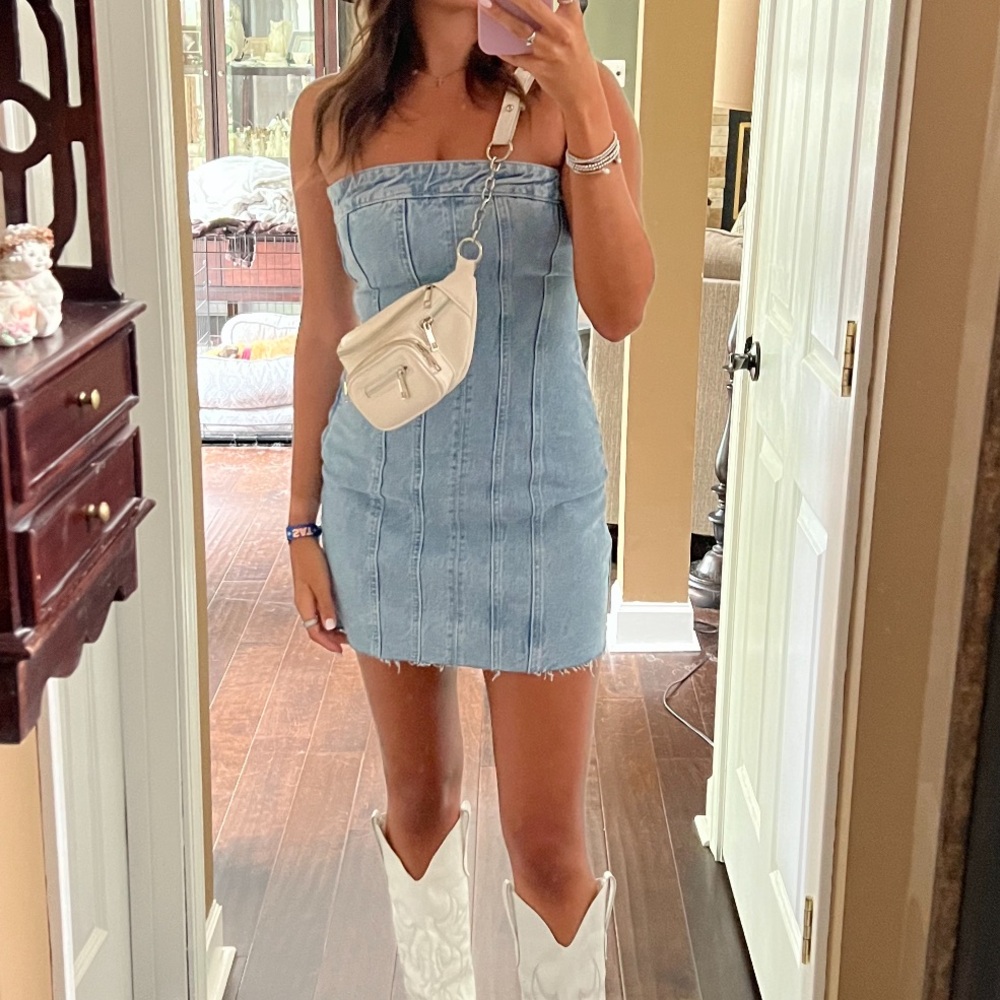 Zara Light Blue Denim Strapless Mini Dress